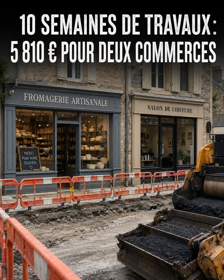 Une rue en travaux avec des barrières orange devant une fromagerie et un salon de coiffure, une pelouse excavée et un engin de chantier.