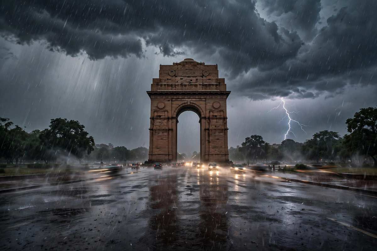 दिल्ली में भारी बारिश के दौरान इंडिया गेट के ऊपर काले बादल