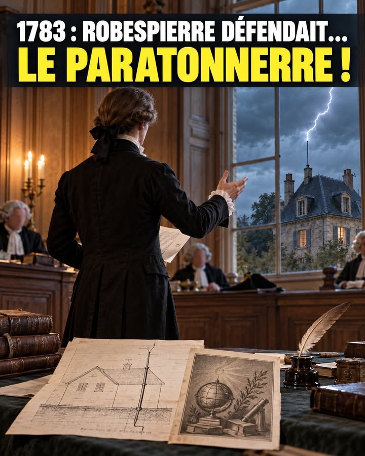 Un homme en costume d'époque, vu de dos, présente un dessin de paratonnerre à une assemblée, devant une fenêtre montrant un orage.