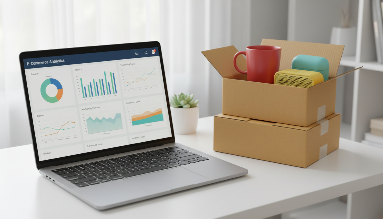 E-commerce dashboard met productanalytics en verzendboxen op een modern bureau
