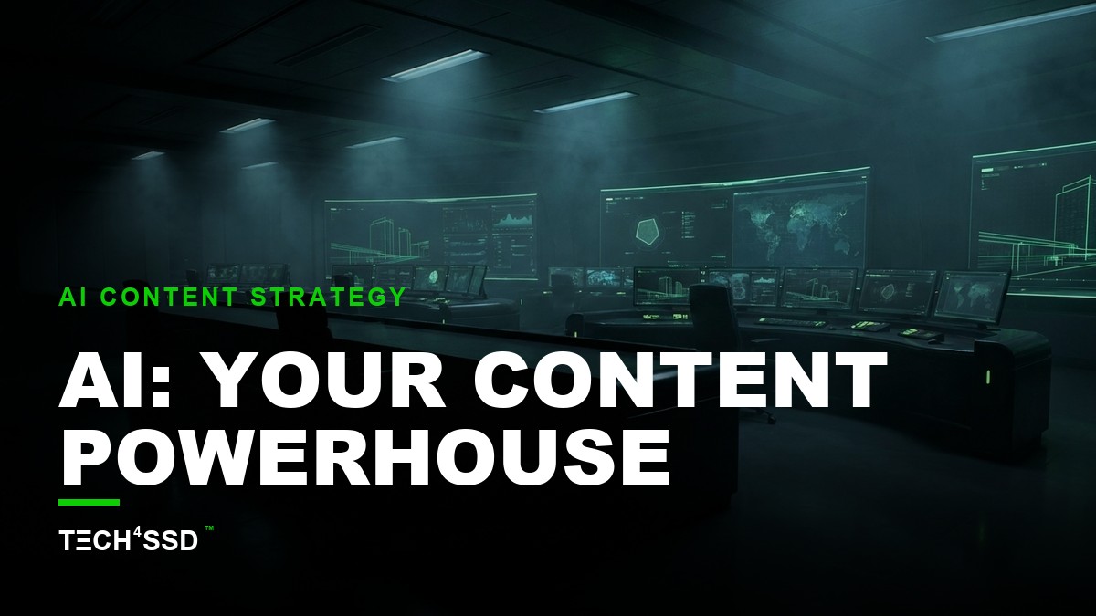 Futuristic digital dashboard showing interconnected content formats fanning out from a central source, managed by an abstract AI brain, symbolizing advanced AI content repurposing.