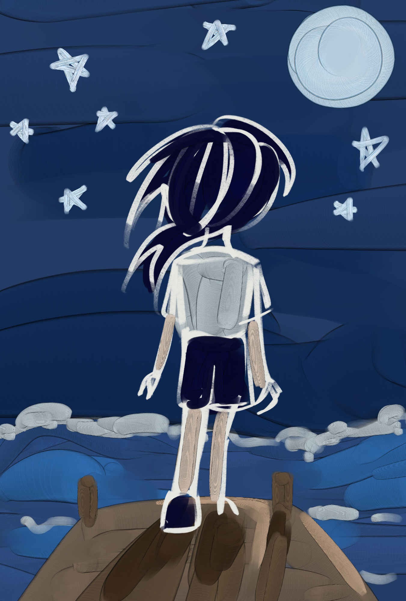 A drawing of a young man, on the docks, stepping into the sea.