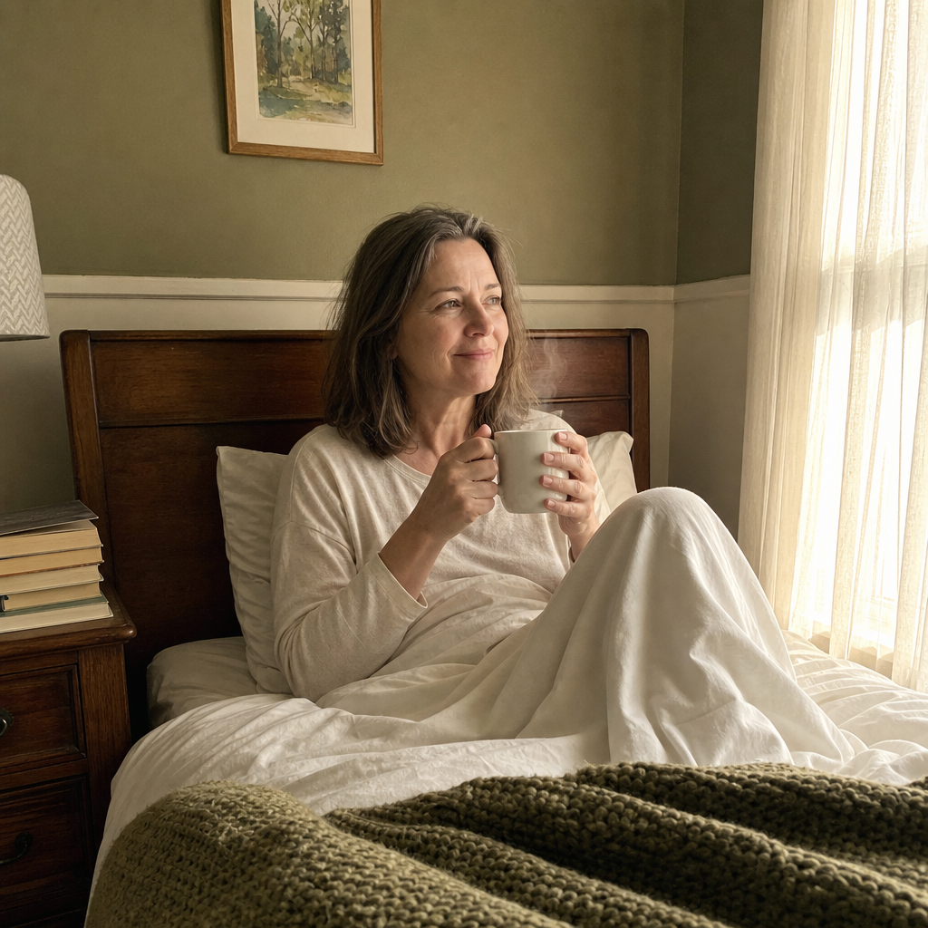 Woman in her fifties sitting in bed in warm morning light with a coffee mug, calm expression.