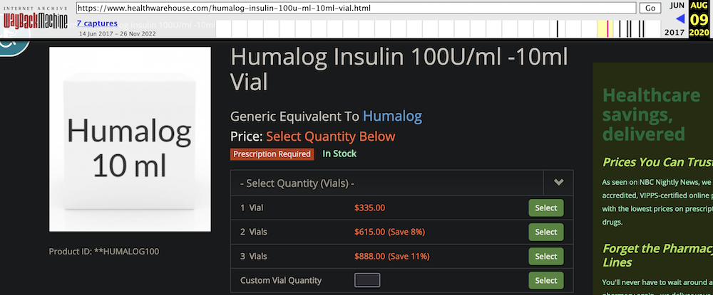 waybackmachine snapshot of online order form from healthwarehouse with insulin prices for August 2020 at $335