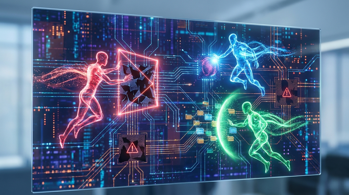 Digital network with red, blue, and green AI agents actively defending against cyber threats, illustrating agentic AI security.