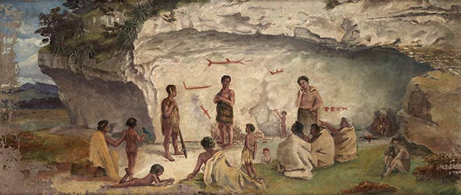Māori at limestone shelter, Weka Pass — painted by Thomas Selby Cousins, commissioned by Julius Haast, 1876