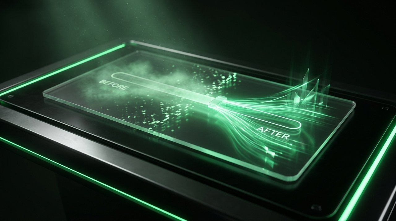 Glowing green prompt being refined showing before and after quality difference