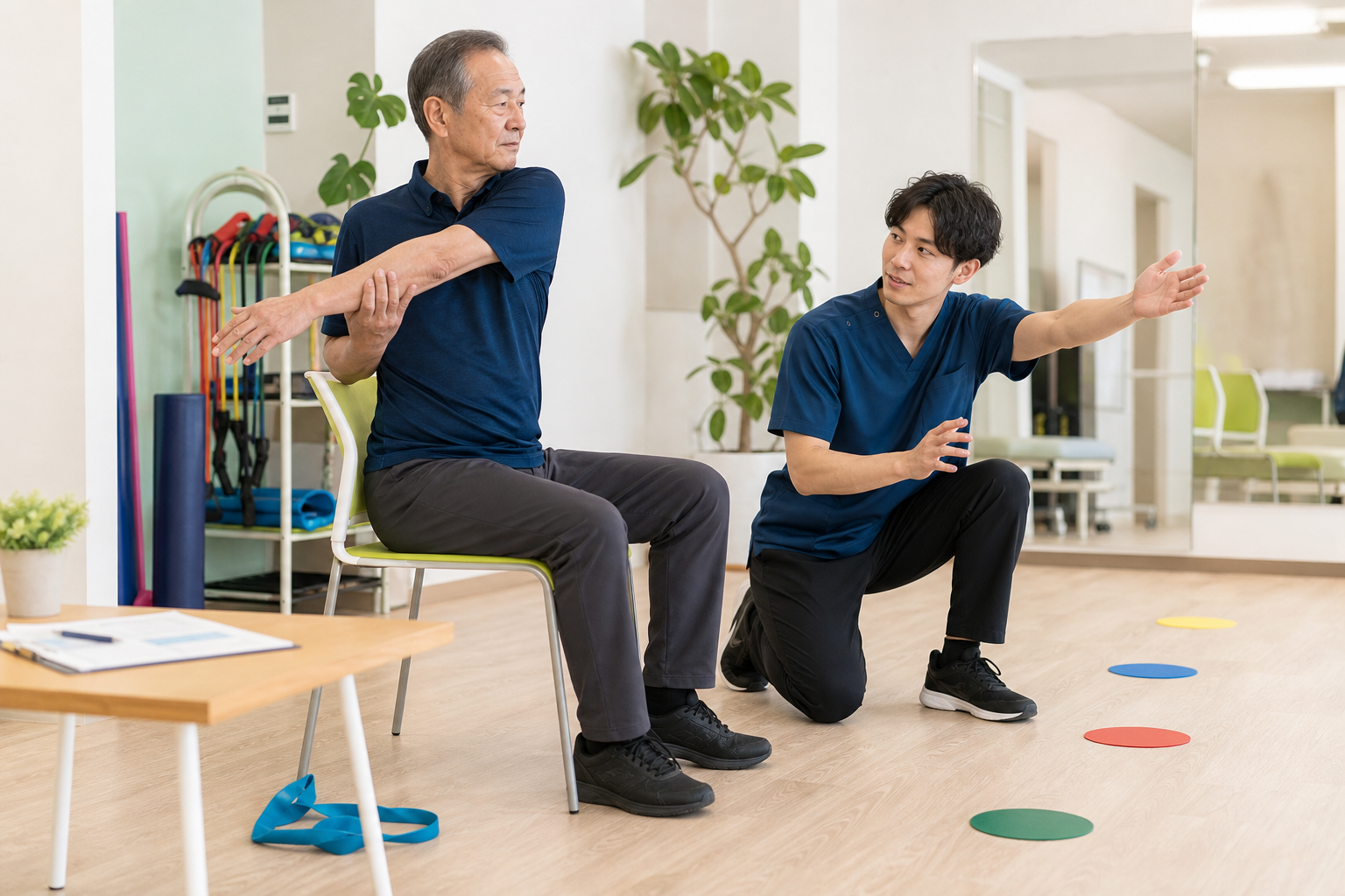 パーキンソン病の方がストレッチや大きな動作練習を行っているリハビリ場面