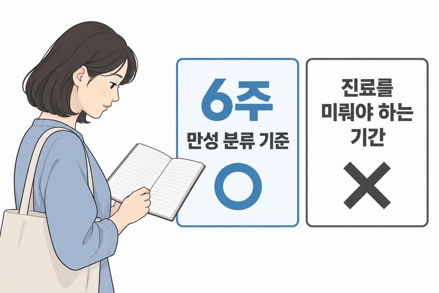 6주는 만성 분류 기준이며 진료를 미뤄야 하는 기간이 아님을 설명하는 AI 삽화