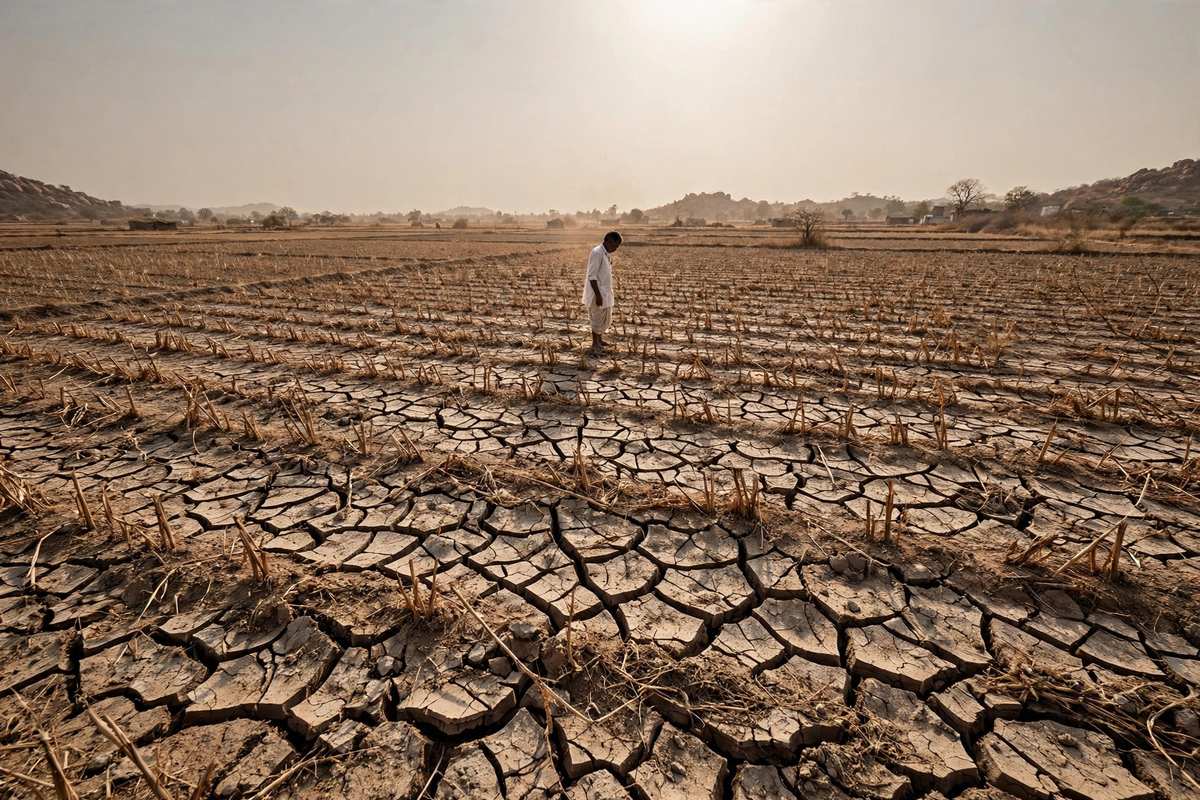 सूखे से सूखी दरारों वाली फसल की खेत में खड़ा किसान