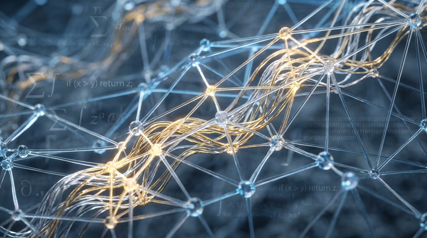 Abstract representation of AI neural network nodes glowing gold, symbolizing advanced problem-solving and fine-tuning Nemotron for success.