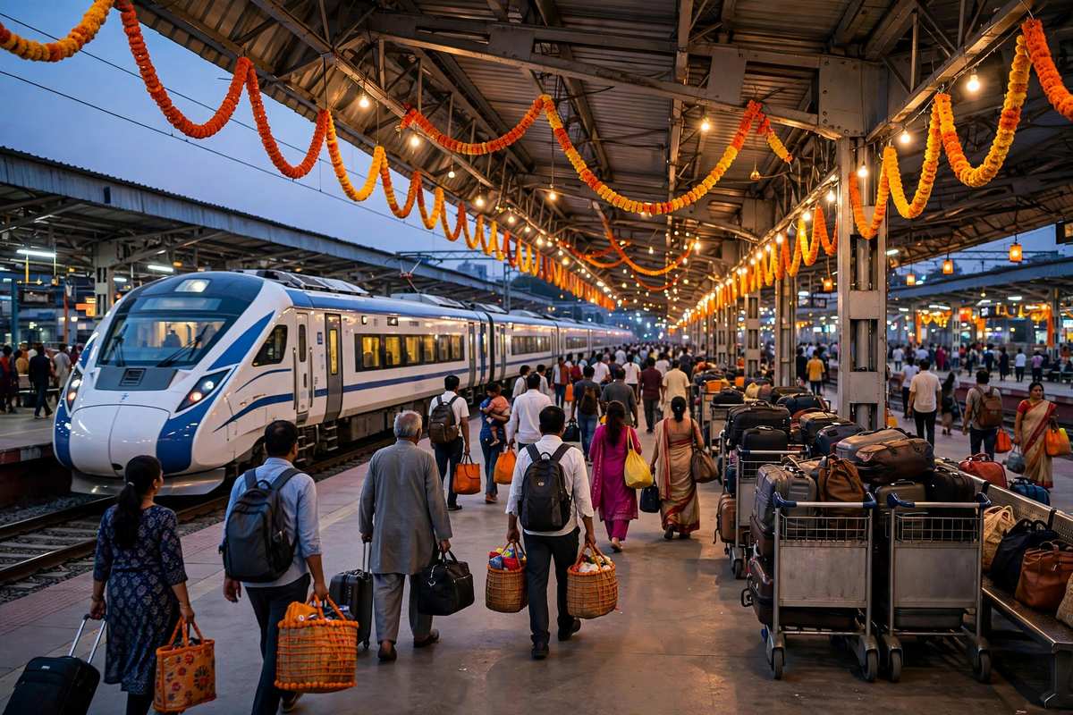 त्योहारों के सीजन में यात्रियों से भरे प्लेटफॉर्म पर पहुंचती भारतीय रेलवे की ट्रेन