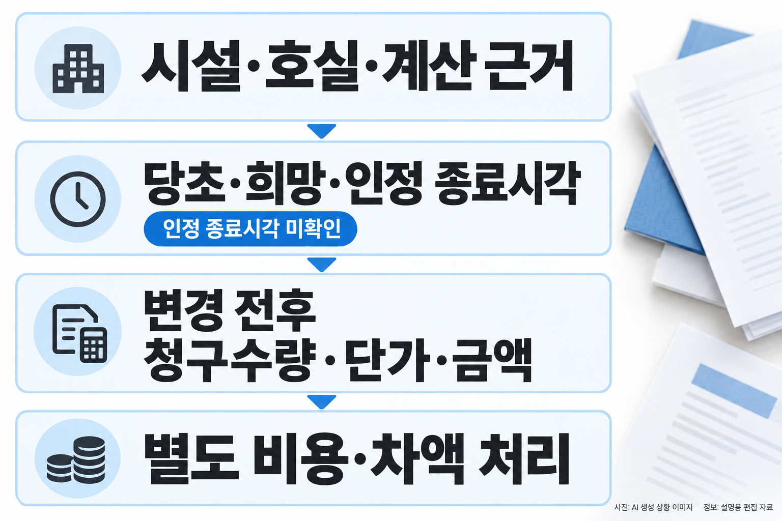 요금 비교 준비자료를 네 큰 행: 시설·호실·계산 근거 / 당초·희망·인정 종료시각 / 변경 전후 청구수량·단가·금액 / 별도 비용·차액 처리. 실제 값이나 빈 입력표를 만들지 말고 항목 이름을 크게. 모형 서류 사진 일부. 인정 종료시각 미확인은 미확인으로 표시.