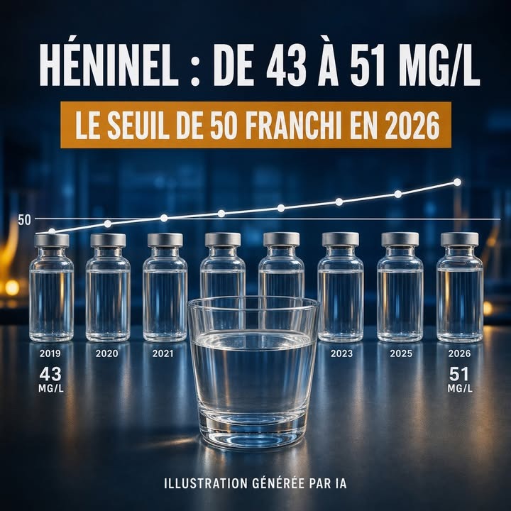 Vases de verre remplis d'eau alignés avec un verre au premier plan, surplombés par un graphique en ligne montante indiquant une progression de 43 à 51 mg/l.