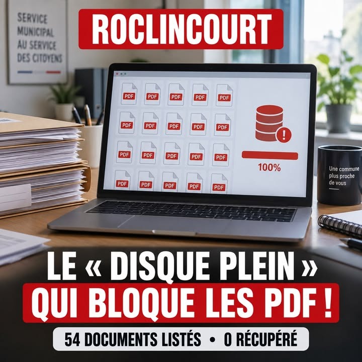 Un ordinateur portable sur un bureau affiche une interface avec de nombreux fichiers PDF et un disque plein, entouré de piles de papiers et d'un mug.