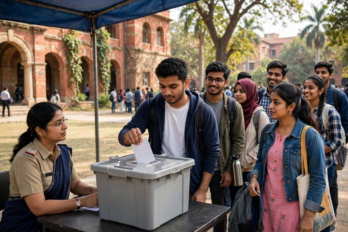 विश्वविद्यालय परिसर में मतदान केंद्र पर वोट डालते कॉलेज के छात्र