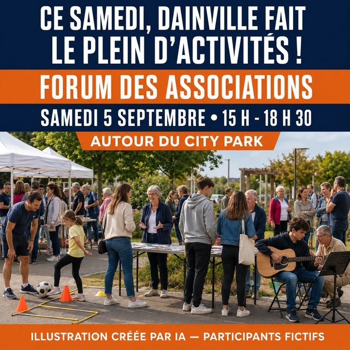 Scène extérieure avec des tentes blanches, des personnes discutant autour de tables, une enfant jouant au foot et un homme jouant de la guitare.