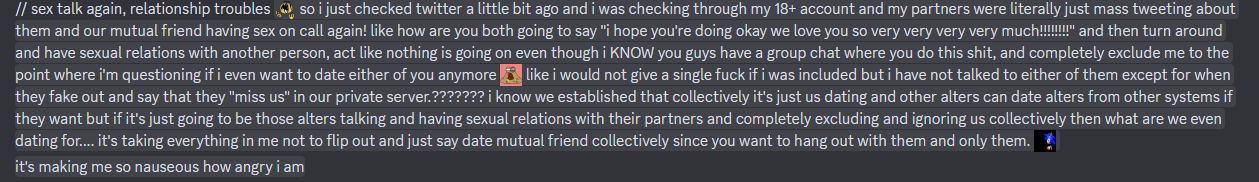 another one of my vents in a friend server about this situation, as i don't have the doc that i sent to them anymore