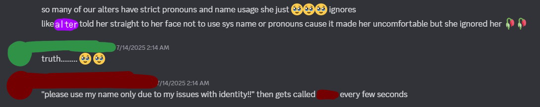 chem explaining that mel chooses to ignore using other alter's name and pronouns without an actual reason. chem also explains later on that he stopped using pluralkit completely because she would continuously choose to ignore the alter's name and pronouns, even if they had issues with identity