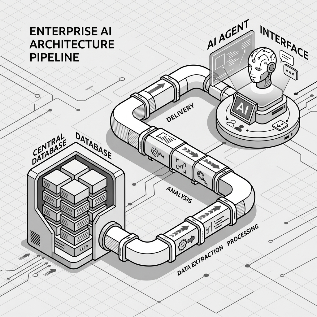 3d vector isometric illustration of a natural language AI agent over a financial data cube, black and white line art