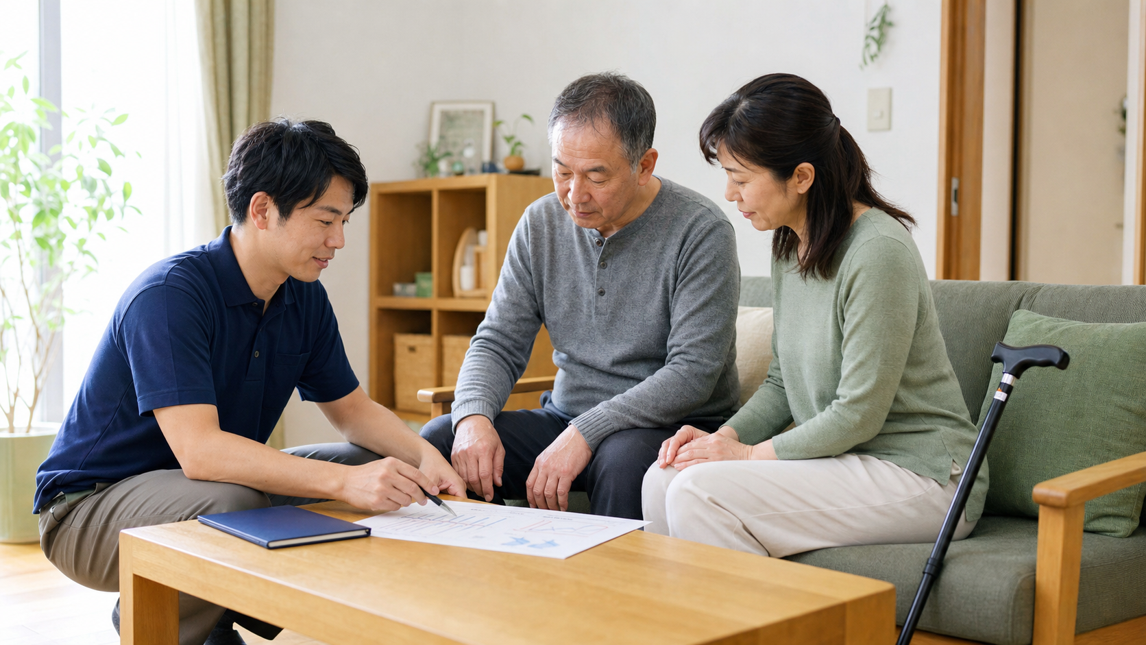 脳卒中後の杖使用と評価結果を相談する場面