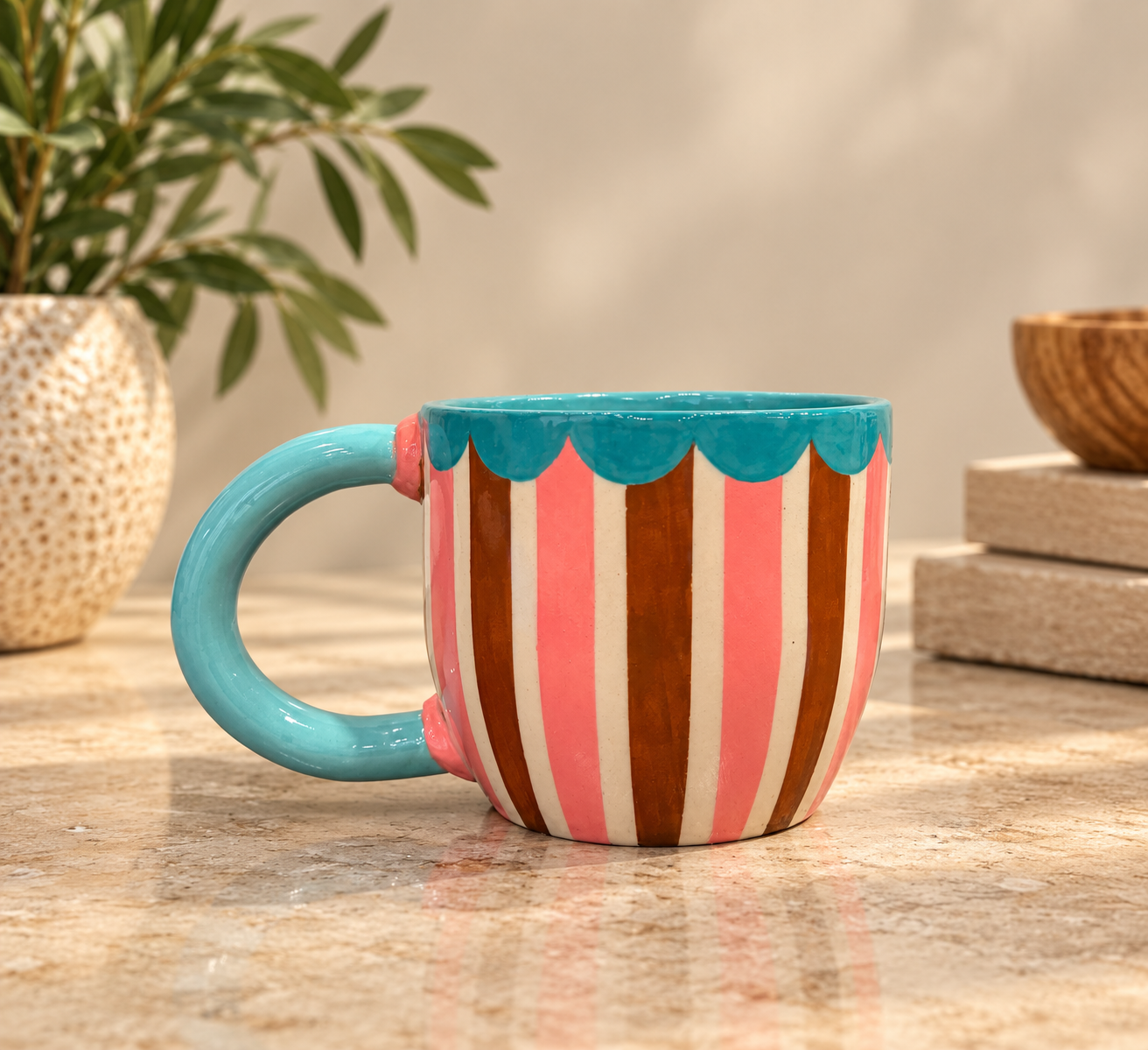 Hand-built mug with hand-painted striped details.