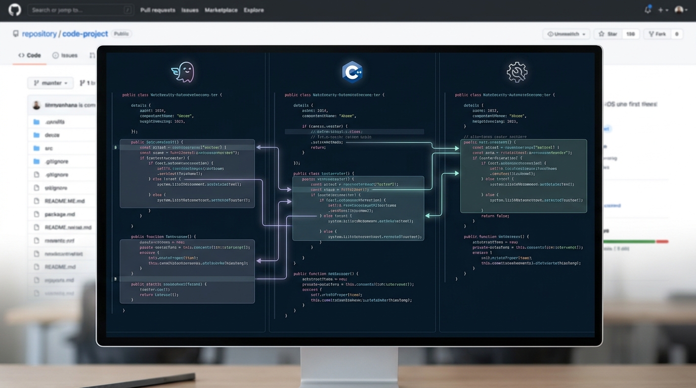 Split-screen code editor showing GitHub Copilot, Claude, and Codex AI coding agents comparing code suggestions for a developer.