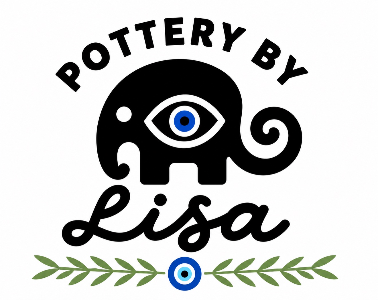 Pottery by Lisa logo — “Pottery by” arched above a black elephant with a blue evil eye, “Lisa” in script below, with olive branches and an evil-eye bead
