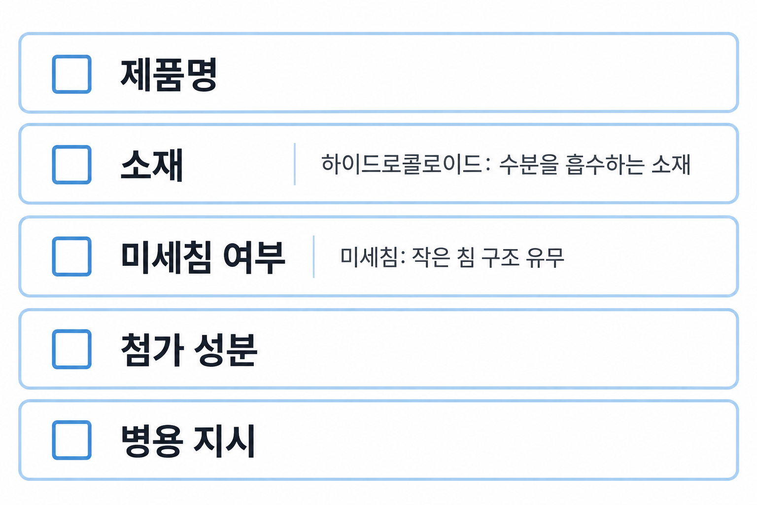 패치의 소재·미세침 여부·첨가 성분과 병용 안내를 각각 확인하는 항목도