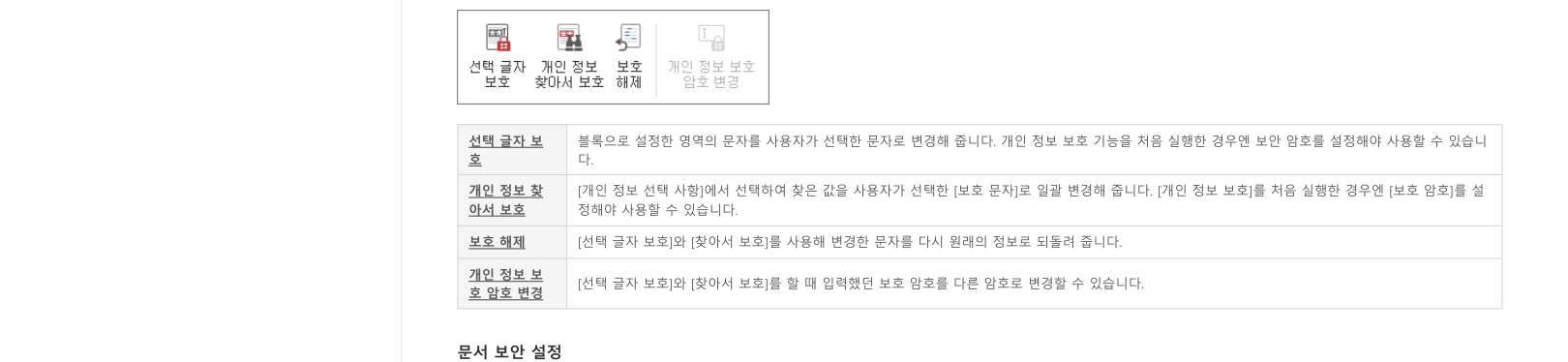 보호한 글자를 원래 정보로 되돌릴 수 있다고 설명하는 한컴 보안 탭 도움말