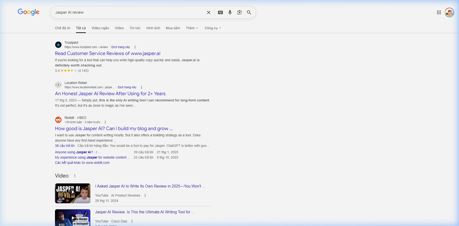 Reddit ranking on Google page 1 for Jasper AI review