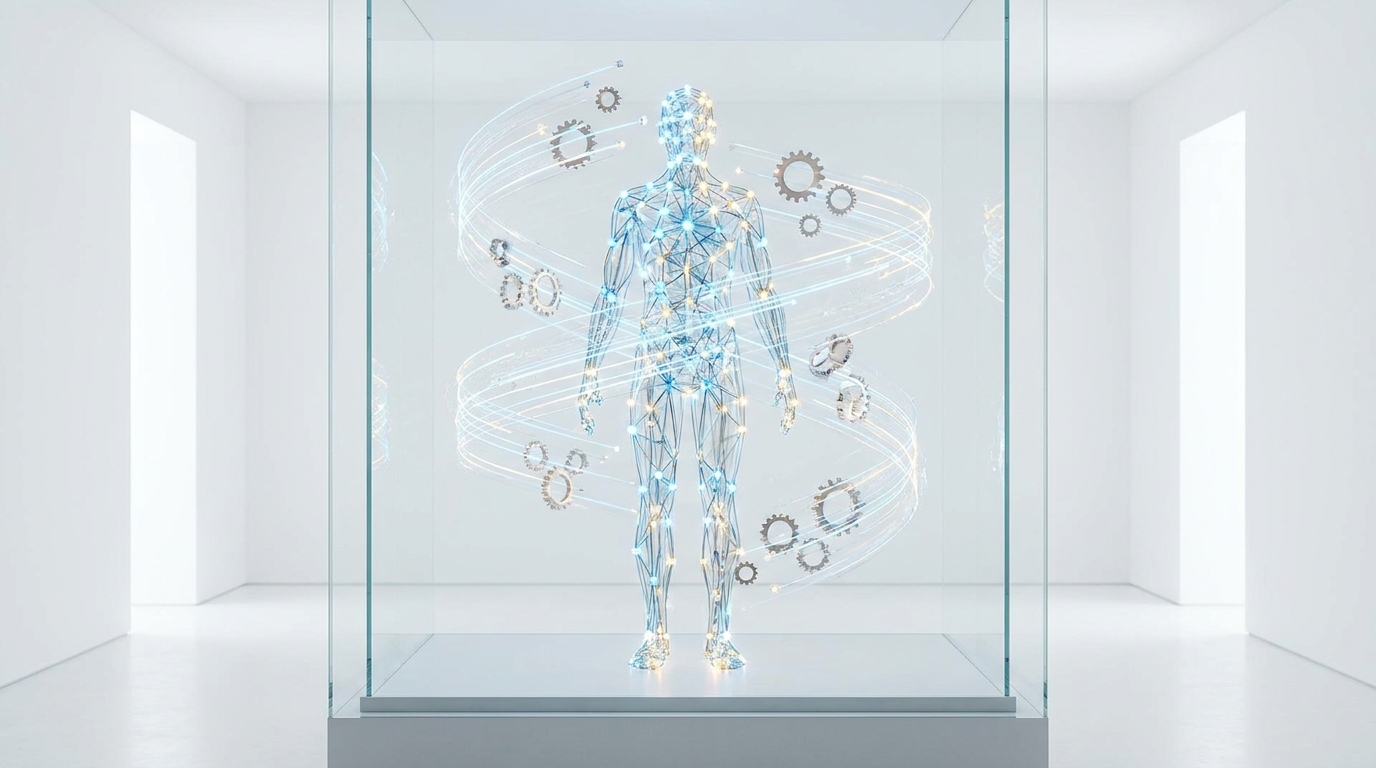 Abstract representation of an AI agent with glowing nodes and data streams, symbolizing agentic AI capabilities.