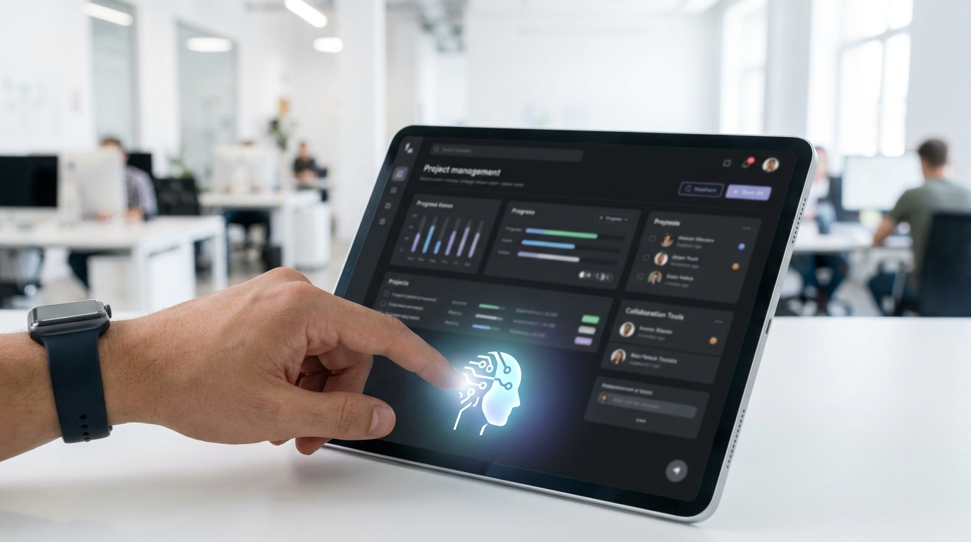 A sleek AI 'teammate' avatar on a tablet screen, symbolizing advanced AI Project Management Tools.