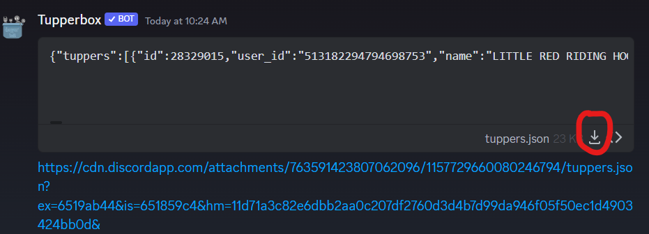image is of a Discord DM from Tupperbox containing a Javascript preview. in the corner of the preview there is a white arrow circled with red. beneath the preview is a blue hyperlink to a "cdn.discordapp.com" link.