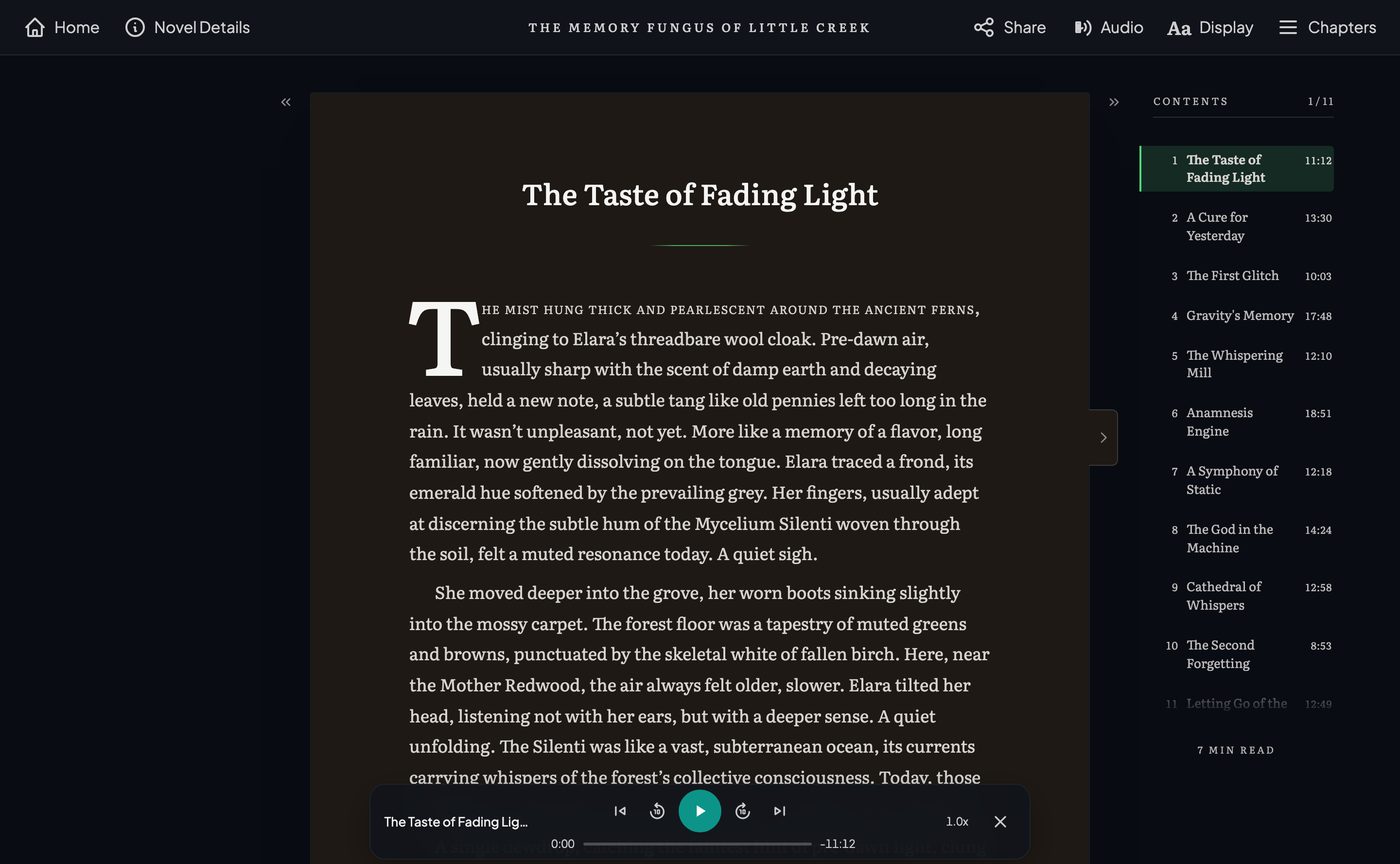 The player docks at the foot of the page; the rail lists each chapter's length.