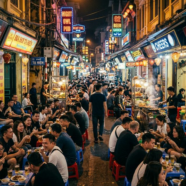 Không khí náo nhiệt tại phố Tạ Hiện Hà Nội vào đêm muộn với ánh đèn neon và du khách
