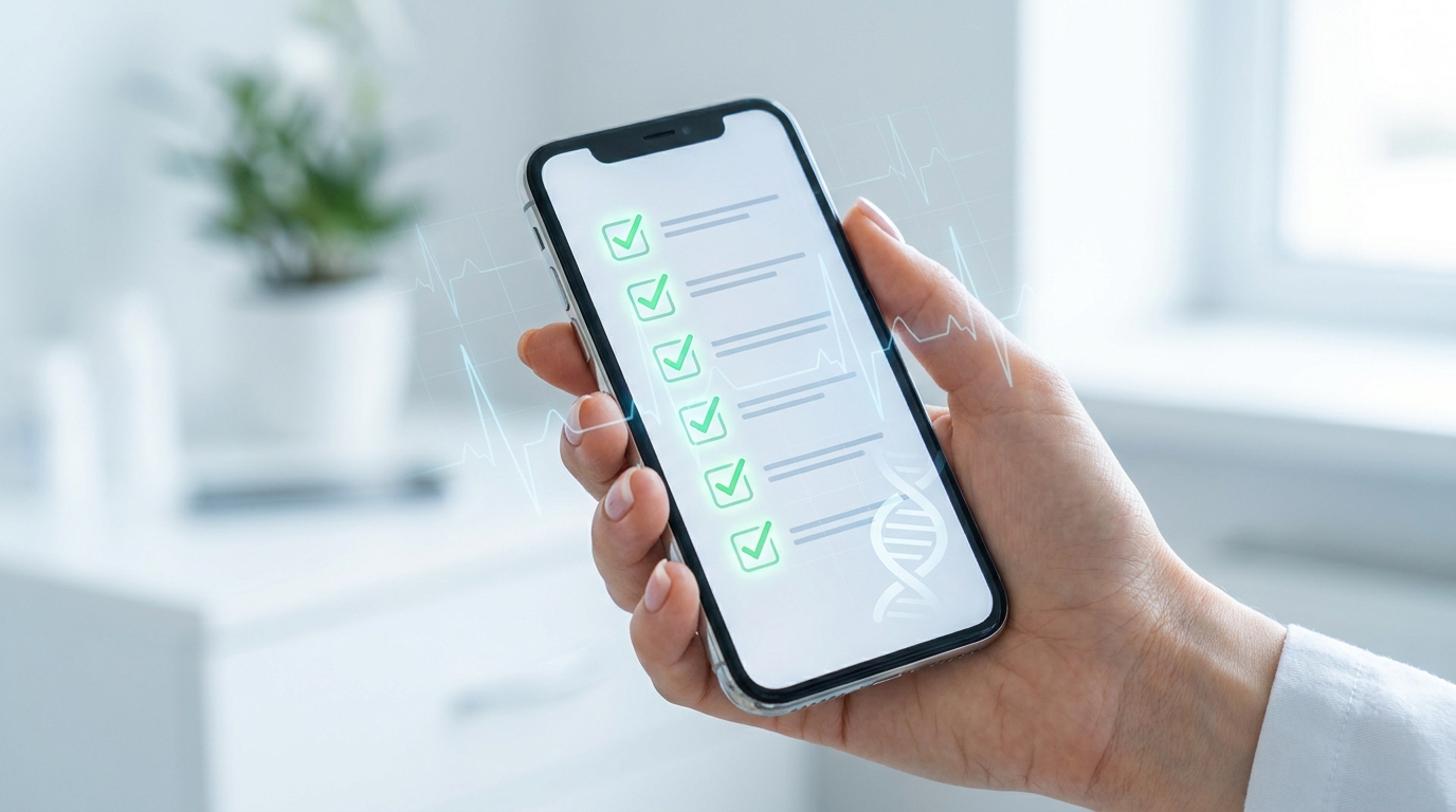 A digital Health AI privacy checklist on a smartphone, with green checkmarks, representing user control and security.