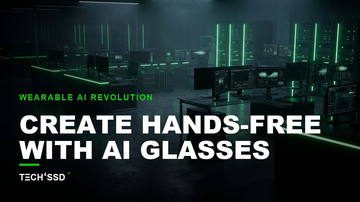 Sleek AI smart glasses with subtle data overlays, worn by a creator in a dynamic studio environment, symbolizing hands-free content creation.