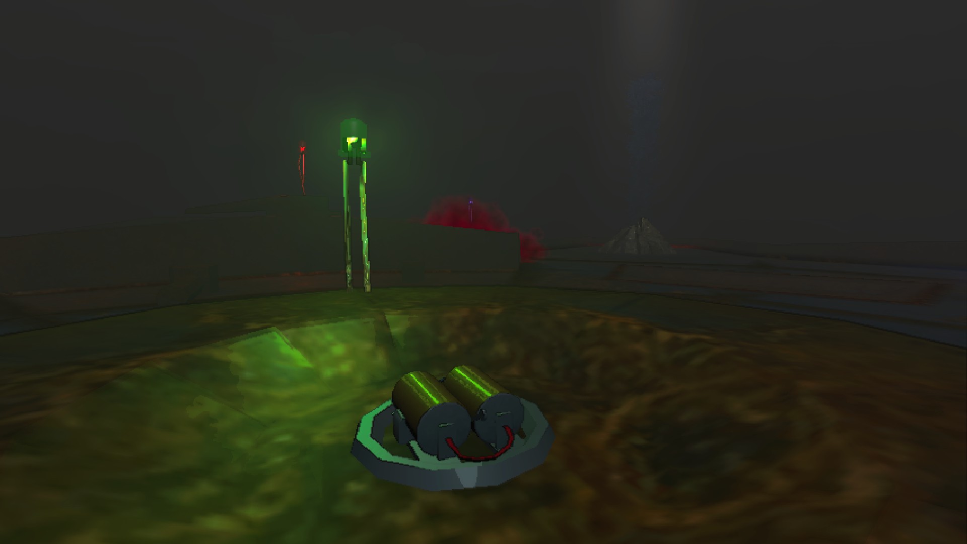 A Dynamo Apparatus, lit by a green glowstem. An exit geyser can be seen illuminated in the background.
