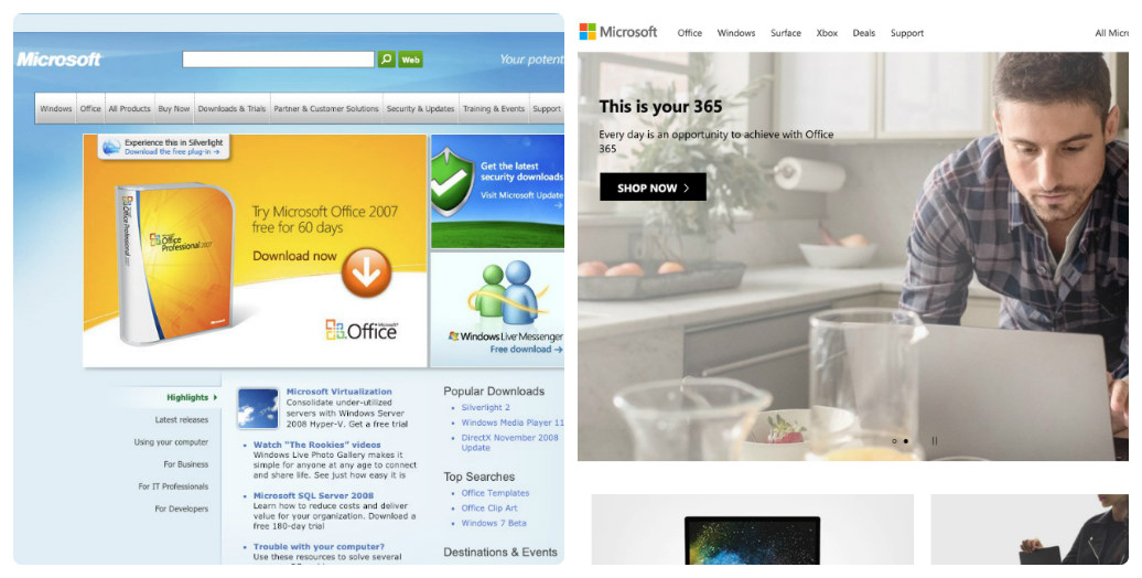 Microsoft thay đổi thiết kế giao diện web trong 10 năm như thế nào