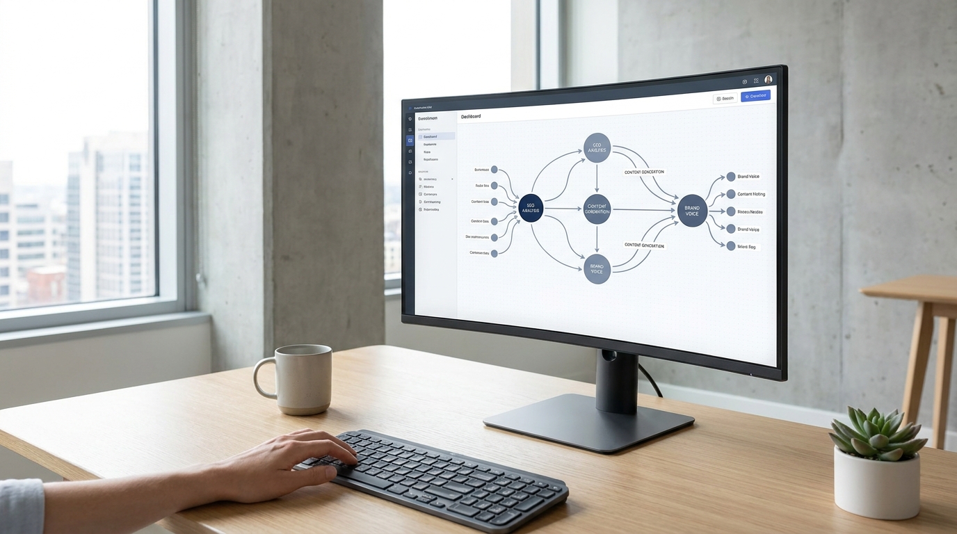 Modern office desk with a screen showing integrated specialized AI writing tools.