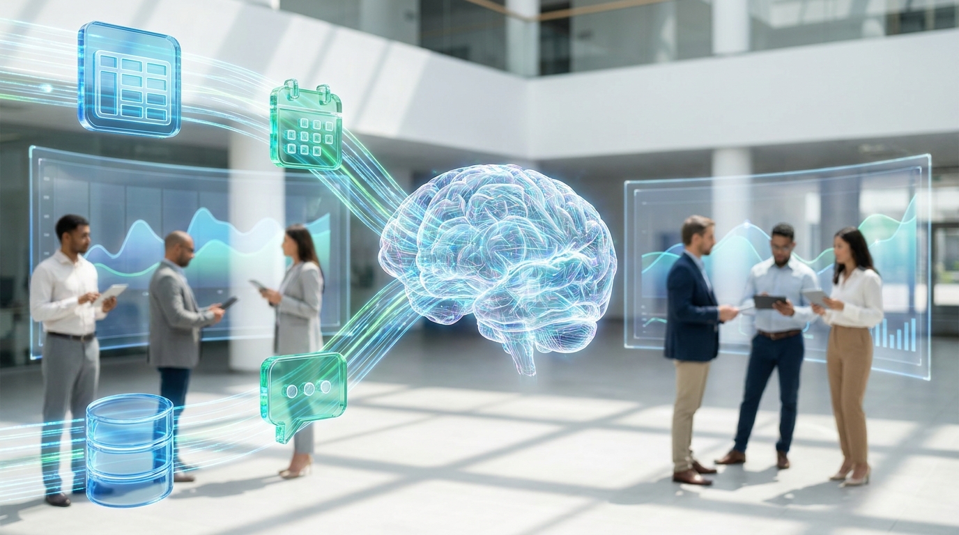 Conceptual image of ChatGPT Work and Workspace Agents integrating business applications for small business automation.