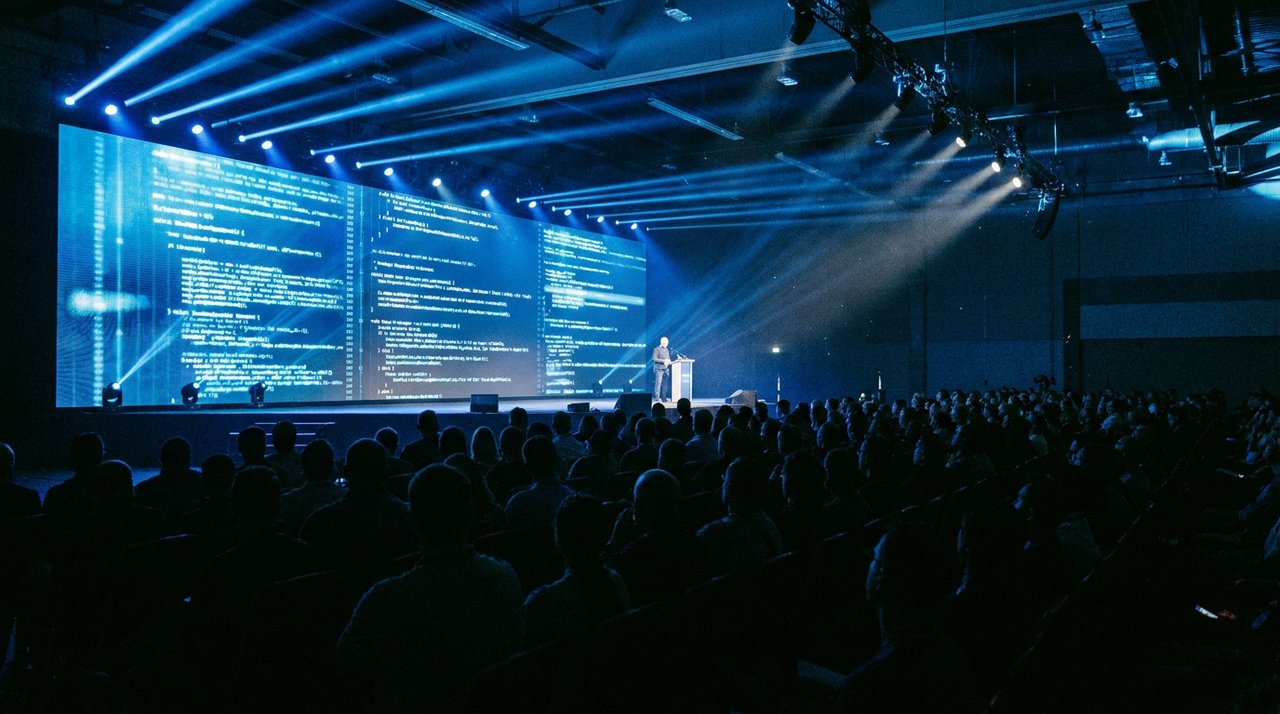A developer conference stage with dramatic blue lighting and a massive glowing code screen