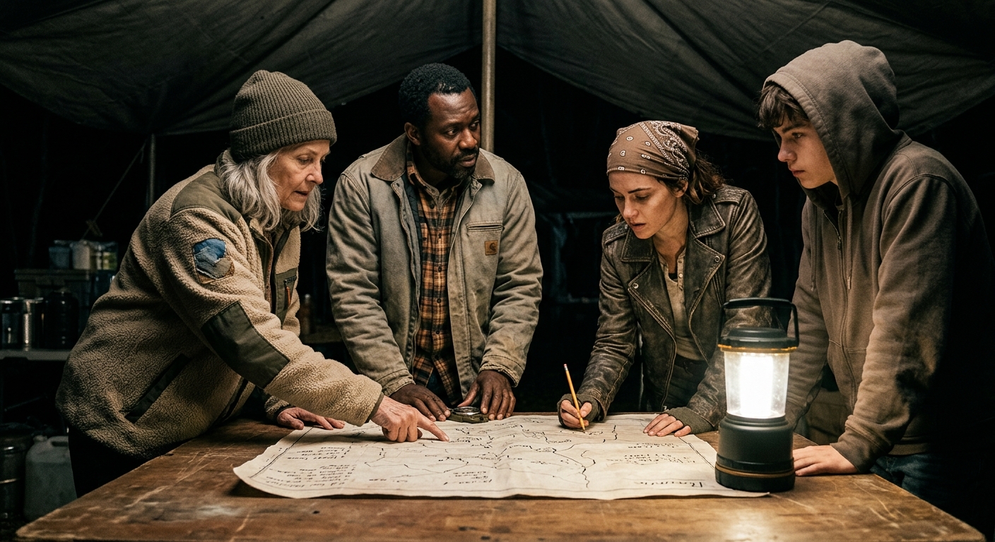 Survivors coordinating strategy around a map
