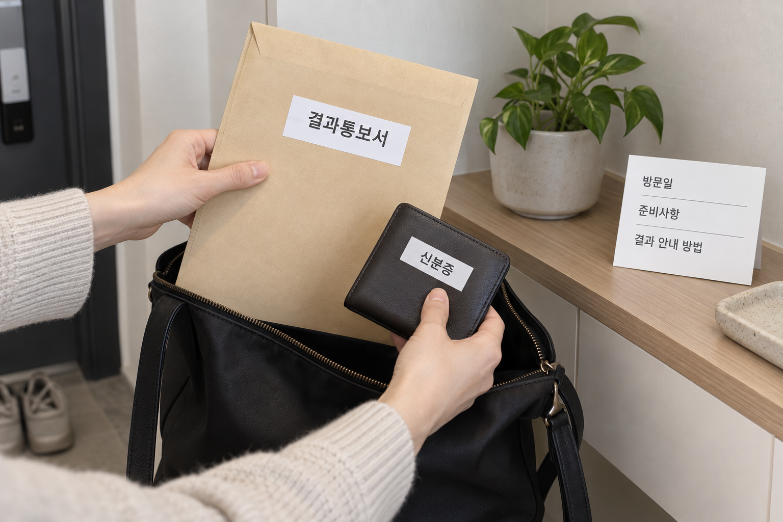 확진검사 방문을 위해 결과통보서와 신분증을 준비하는 설명 장면