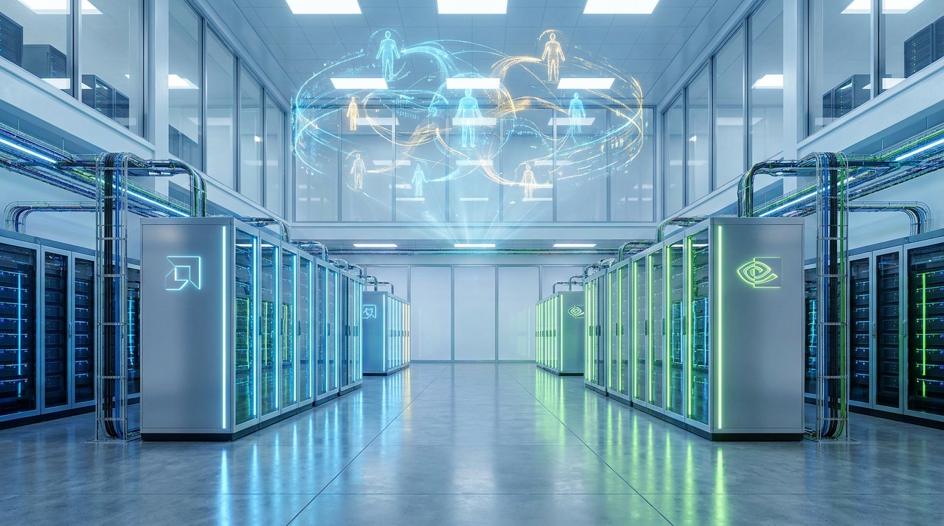 Holographic display showing interconnected AI agents and data streams in a high-tech Azure AI infrastructure data center with AMD and NVIDIA servers.