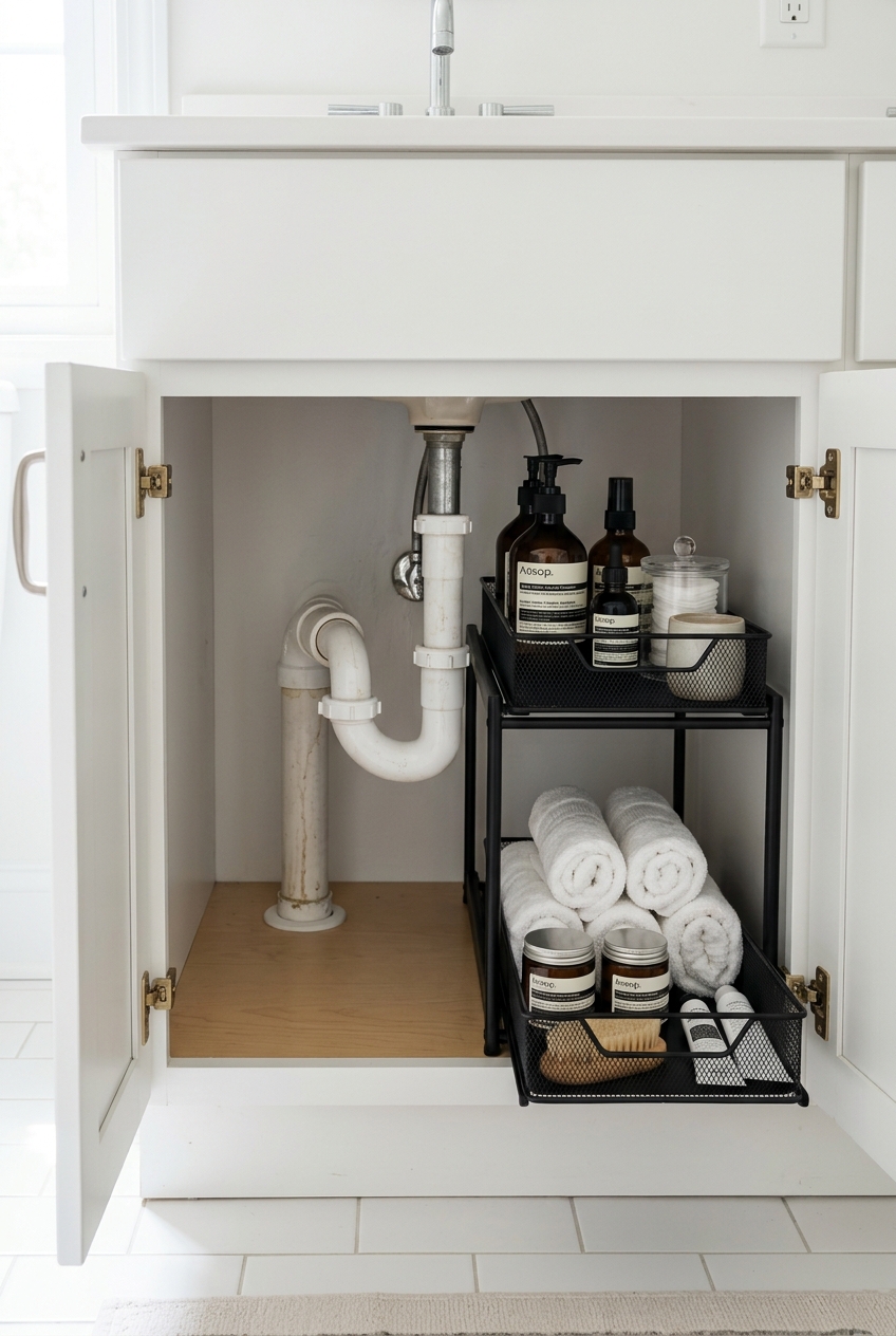 Matte black 2 tier sliding drawer under bathroom sink fitting around P-trap pipe