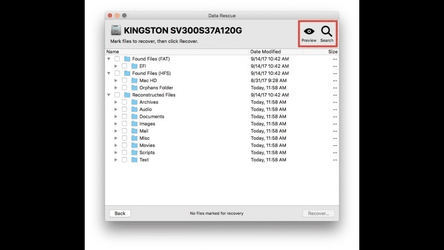 Data Rescue Mac — scan results showing recoverable files ready for preview and recovery