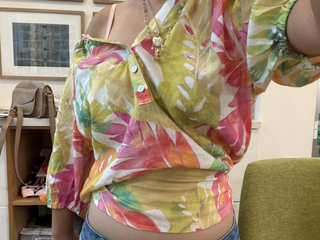 before and after thrift flip for a colorful floral shirt