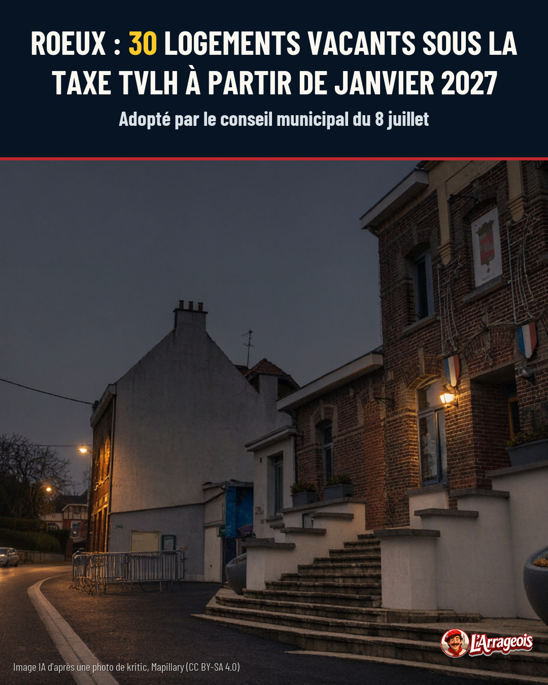 Ruelle au crépuscule avec bâtiment en brique et escalier, ciel sombre, lumière chaude.